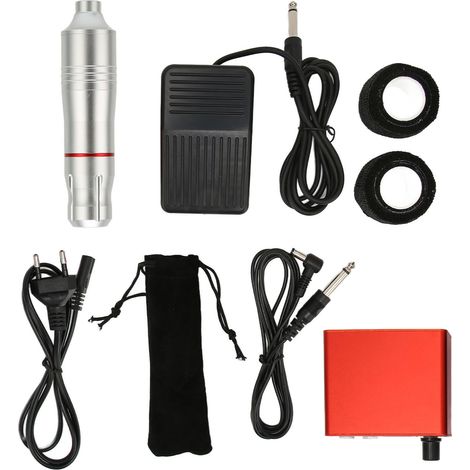 Kit de machine à tatouer rotative argentée avec bloc d'alimentation 100-230V EU, pédale et outils complets pour tatouage professionnel. (1/5)
