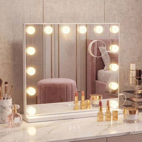 Miroir de Maquillage avec 14 Ampoules LED, 3 Couleurs, Grossissement 10x, 44 x 50 x 5,7 cm, Blanc (1/5)