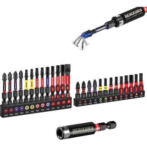 Lot de 26 Embouts de Vissage aux Chocs 25mm 50mm PH PZ Torx Hex SL, Embout de Tournevis Visseuse Tige Hexagonale Magnétiques S2 en Acier Allié avec 1 pièce porte embout de 60mm, Code Couleur (1/5)