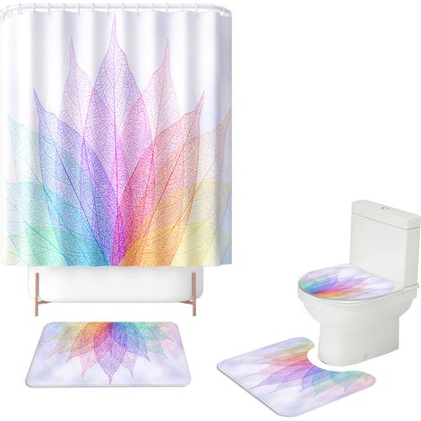 Rideau de douche, imprimé de feuilles fraîches colorées, rideau de douche imperméable, ensemble de quatre pièces pour salle de bain, B (1/5)