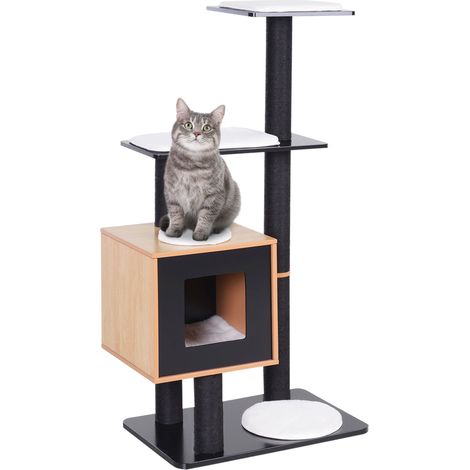 Arbre à chat centre d'activités 71.5 x 49.5 x 120 cm avec griffoirs et niche pratique design contemporain en MDF noir (1/5)