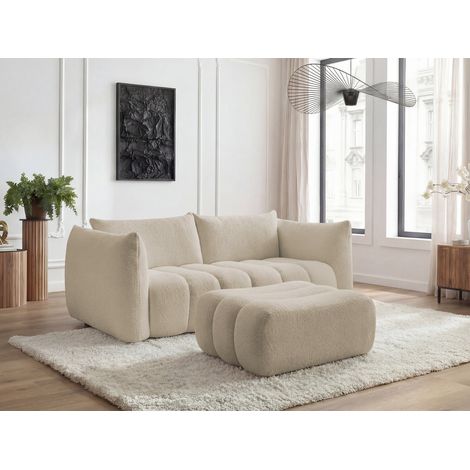 BOBOCHIC - Canapé droit fixe 3 places AZRA tissu bouclette avec pouf Beige (1/5)