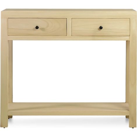 Petite console en bois massif naturel 2 tiroirs 1 étagère Komba 90cm (1/5)
