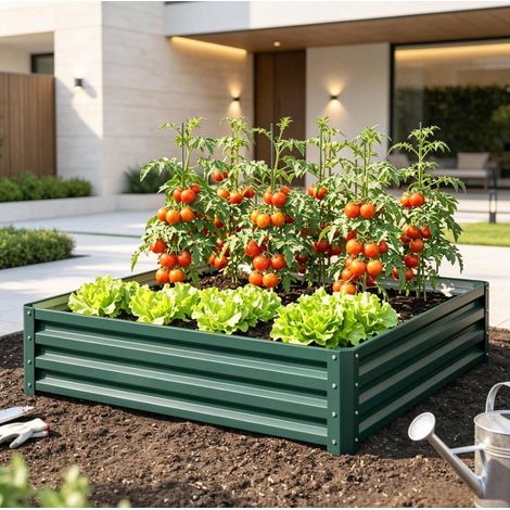 Bancal elevado moderno 120x120x30 cm de acero galvanizado verde oscuro FloraGrace (1/5)