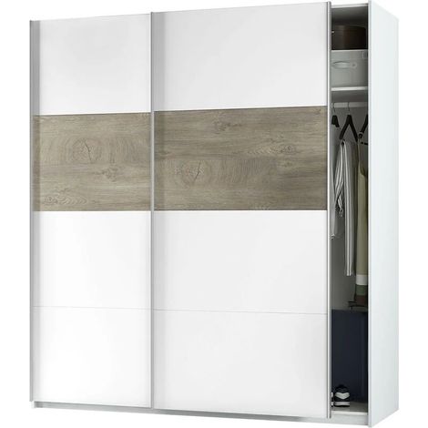 Loungitude – Armoire 2 portes coulissantes 200x180x60 cm – Finition mélamine blanche Artik – Intérieur avec barre de suspension et étagères (1/10)