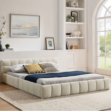 Letto imbottito adulti 160x200 cm con rete a doghe, motivo trapuntato a quadri, in tessuto, senza materasso, beige (1/5)