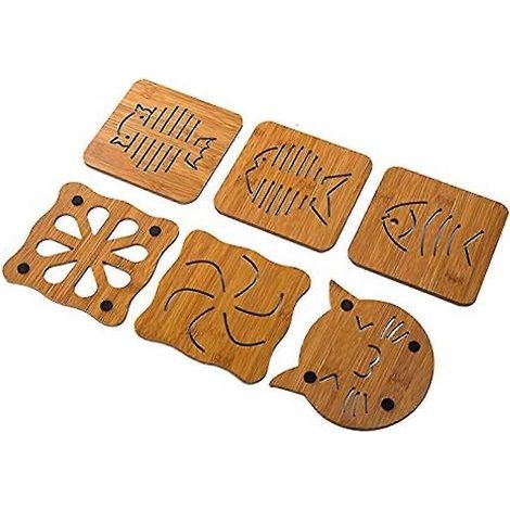Dessous de verre en bois creux, motif poisson et chat, lot de 6, pour tasses, casseroles et poêles. (1/5)