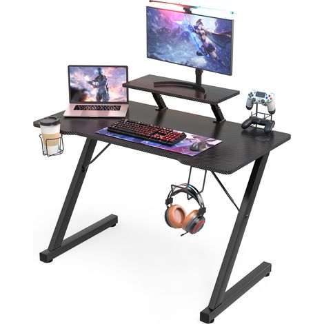 Haloyo – Bureau gamer noir 110x60.5cm – Table de jeu ergonomique en fibre de carbone – Avec porte-gobelet et crochet pour casque – Structure robuste (1/5)