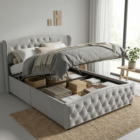 Letto contenitore 140x200 con rete a doghe, letto matrimoniale imbottito trapuntato con sistema idraulico, letto per adulti con borchie decorative, velluto, stile moderno, Grigio