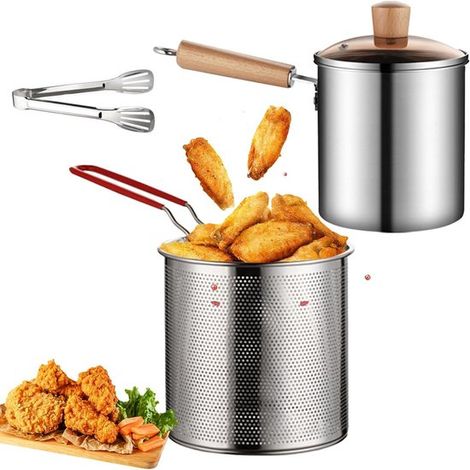 Freidora con colador de 3 litros，Freidora de acero inoxidable con pinza para alimentos，recipiente con filtro de aceite y boquilla para verter (1/5)