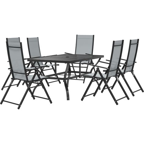 Ensemble de Jardin 7 Pièces avec Table à Manger avec Trou pour Parasol et 6 Chaises Pliantes, Gris (1/5)