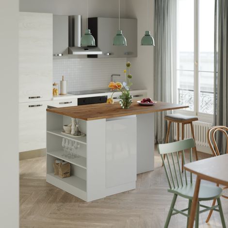 Ilot de cuisine central 160 cm blanc brillant/chêne wotan Solena (1/5)