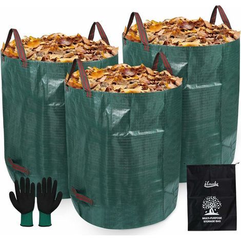 Green Mobility Garden Waste Bags, 3272L XXL Garden Bags + 1 Pair of Gardening Gloves + 46x60cm Storage Bag, Heavy-Duty PP Trash Bags, Waterproof and Durable Waste Bags (1/5)
