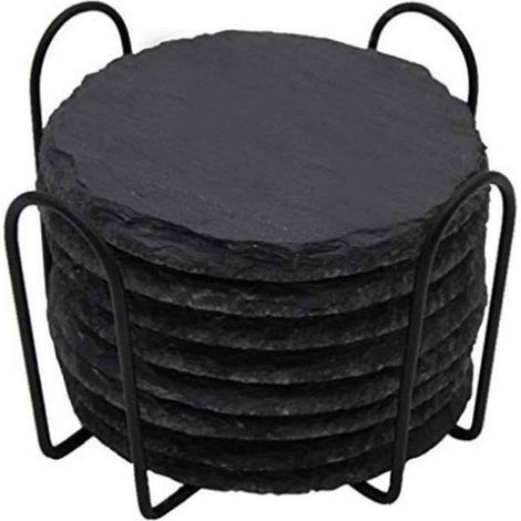 Set of 8 round slate coasters for cups, glasses and drinks, table protection (1/3)