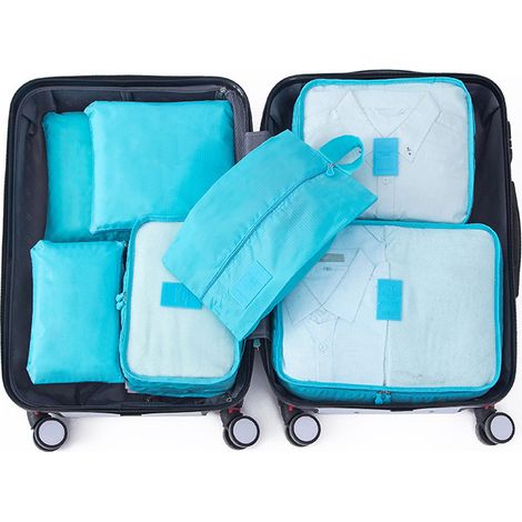 Lot de 7 cubes de rangement imperméables anti-salissures en toile Oxford bleu ciel pour valise voyage organisateur (1/5)