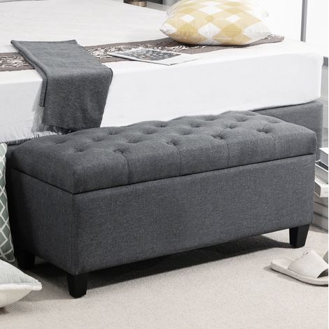 CHICFURN Panca contenitore 100 x 40 x 44 cm in poliestere grigio scuro con seduta capitonné (1/5)