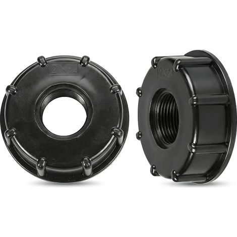 Juego de 2 adaptadores para tanque de 1000 L, S60x6 a salida de grifo de 3/4 de pulgada, conector de plástico negro para recolección de agua de lluvia, conector estándar para riego de jardín y válvula (1/5)