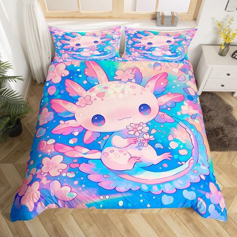 Parure de lit pour fille Housse de couette confortable 135 x 200 cm Motif salamandre Rose Fleurs de cerisier Axolotl Housse de couette confortable Motif (1/5)