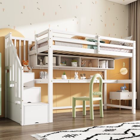 Lit mezzanine 90x200 cm avec grand bureau et étagères, lit enfant avec escalier de rangement et sommier à lattes, bois massif et MDF blanc (1/5)