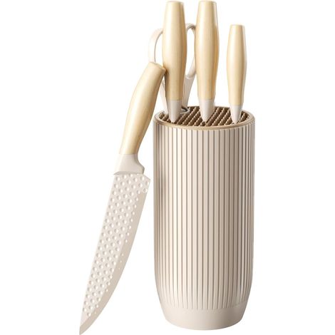 6 Pièces Set Couteaux de Cuisine avec Bloc Couteaux, Set de Couteaux de Cuisine, Ensembles de Couteaux de Cuisine, Ensemble de Couteaux pour La Viande, Les Légumes et Les Fruits(Blanc Cassé) (1/5)