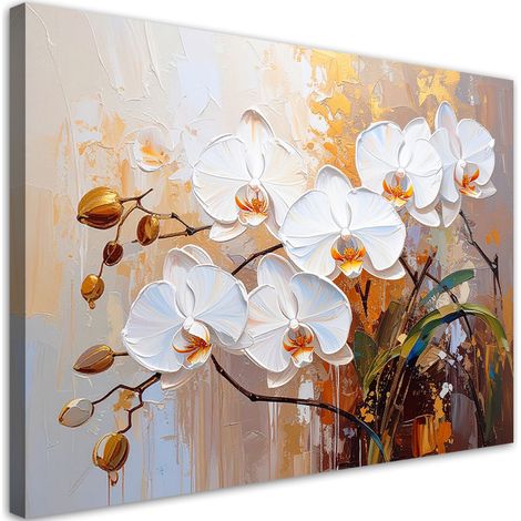 Tableau déco Fleurs d'orchidées blanches sur fond abstrait beige 90x60
