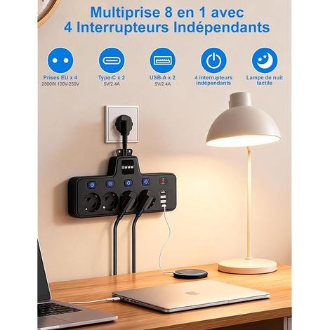 Multiprise avec USB, adaptateur 8 en 1 avec interrupteur unique, veilleuse tactile, 4 prises avec 2 types C et 2 ports USB, pour la maison, le bureau et les voyages (noir) (1/4)