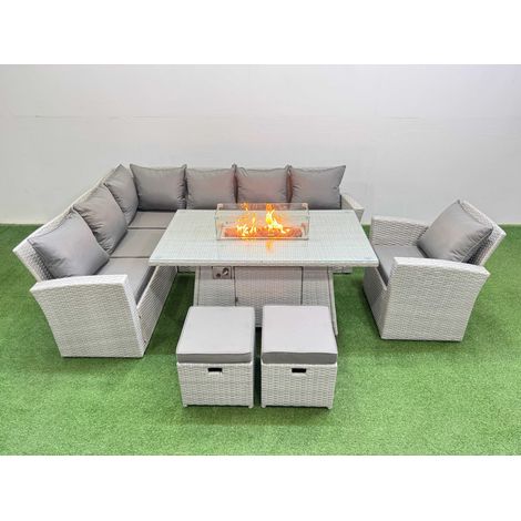 Fimous 9 Seat Rattan Garden Furniture Corner Sofa Set Outdoor Gas Fire Pit Table Sets with 2 Small Footstools Light Grey (1/5)
