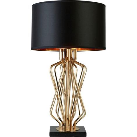Lampe de table Ethan avec base en marbre, or avec abat-jour tambour noir, intérieur or (1/3)