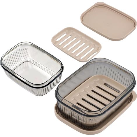 Lot de 2 boîtes à savon voyage – avec couvercles, étanches, usage maison/voyage/randonnée, fond surélevé (vert/gris) (1/5)