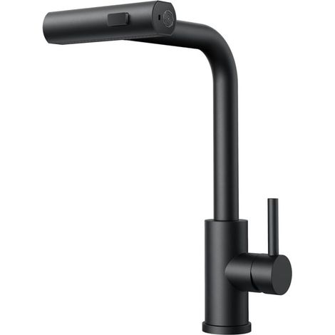 Robinet de cuisine cascade noir, rotatif 360° avec douchette. Acier inoxydable haute pression, levier unique, 3 modes de pulvérisation. (1/5)