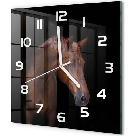 Horloge Murale Carrée Déco Salon Verre Trempé Silencieuse Design Contemporain Cheval brun 30x30 cm (1/5)