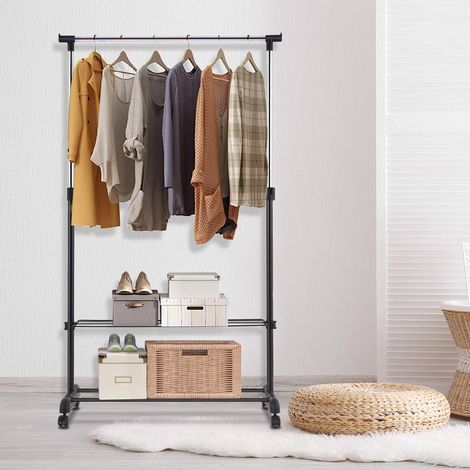 COSTWAY Perchero de Burro con Ruedas y 2 Estantes para Ropa Zapatos Perchero Altura Ajustable para Dormitorio Balcón (1/5)