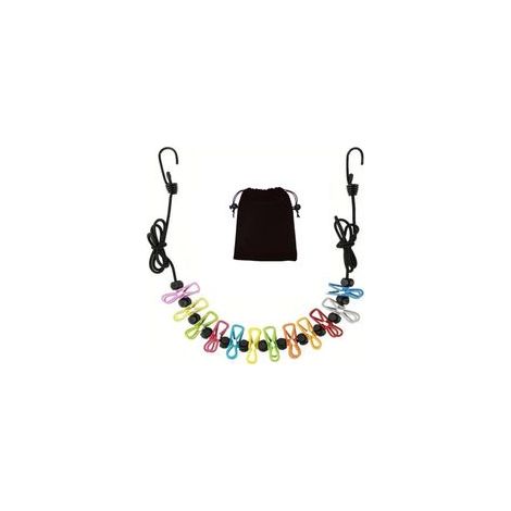 Ligne de séchage portable avec 12 pinces, pratique pour camping et voyage, compact et rétractable pour intérieur et extérieur.