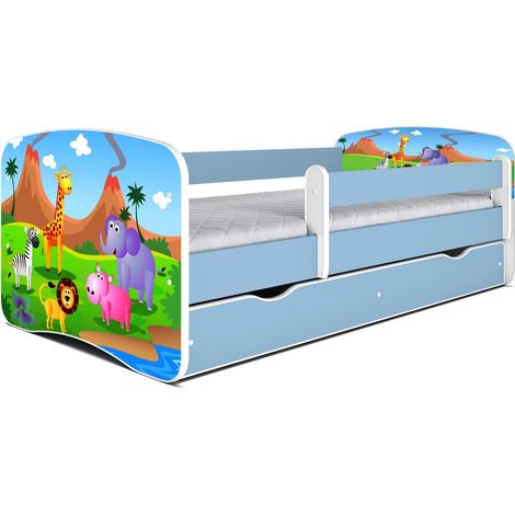 Lit enfant bleu Safari avec sommiers et barrière de sécurité amovible Drimy-70x140 (1/5)