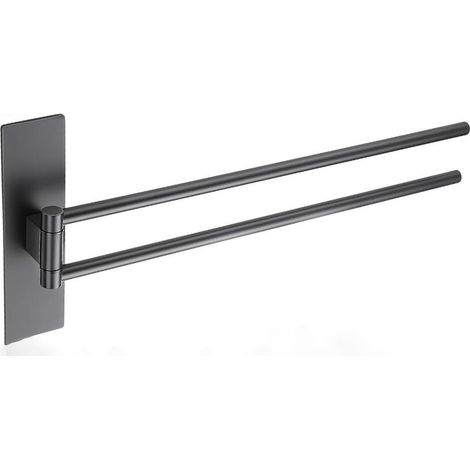 Porte-serviettes sans perçage, pivotant à 180°, barre porte-serviettes auto-adhésive, porte-serviettes de bain double en acier inoxydable 304 avec 2 barres pivotantes - 39 cm, noir (1/5)