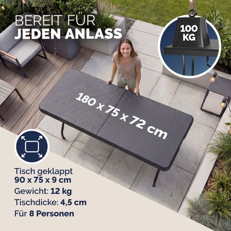 CASARIA® Gartentisch 180x75cm Klappbar Rattan Optik Wetterfest Tragegriff Kunststoff Balkon Garten Terrasse Camping Klapptisch Campingtisch Buffettisch Schwarz