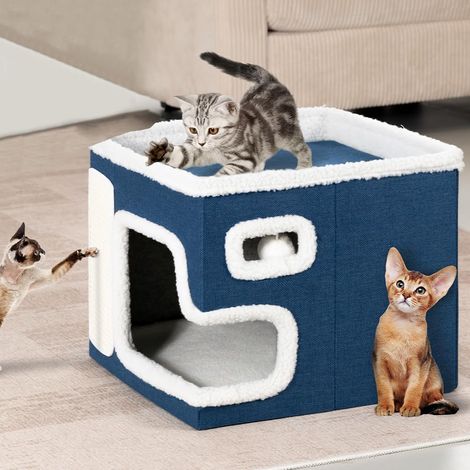 Niche pour Chat Pliable avec Grande entrée, abris pour Animaux domestiques, griffoir en Polyester Chaud et rembourré, lit rayé, Base antidérapante 42 x 42 x 33 cm (Bleu) (1/5)