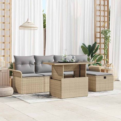 Gartensofa-set mit Kissen mit Speicher 6 pcs Beige Poly-Rattan