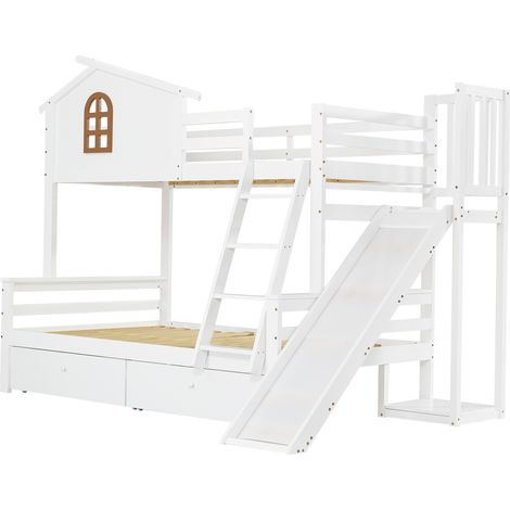 Litera con tobogán, escalera y cajones, blanca, 90x200 / 120x200 (1/5)