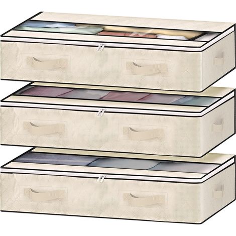 Set of 3 Under Bed Storage Boxes 90L, Foldable Bags with Handles, Zipper and Transparent Window for Clothes and Duvets (Beige) (1/5)