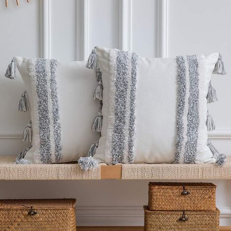 Taies d'oreiller - Lot de 2 taies d'oreiller carrées en coton tissé capitonné 100 % avec franges pour canapé et matelas - Gris (1/5)