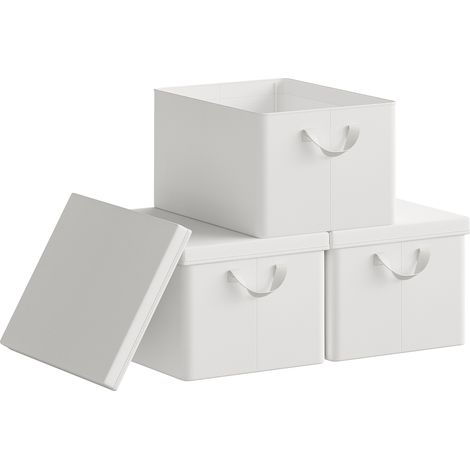 Lot de 3 Boîte de Rangement WOLTU, 43x33x26 cm, avec Couvercle, Coffre de Rangement en Tissu non Tissé, Pliable, Blanc