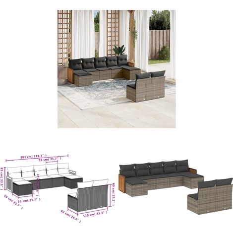 Salon de jardin 9 pcs avec coussins gris résine tressée - Ensemble Salon De Jardin - Salon De Jardin Extérieur - Meuble De Jardin - Mobilier De Jardin - Résine Tressée - Home & Living
