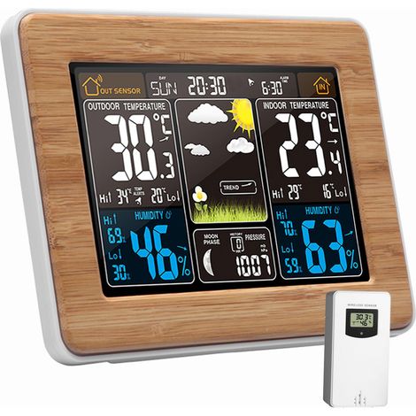 Station météo numérique sans Fil avec capteur extérieur - Thermomètre intérieur et Heure, Date, température, humidité, baromètre, Alarme, Affichage des Phases de la Lune (bambou) bambou (1/5)