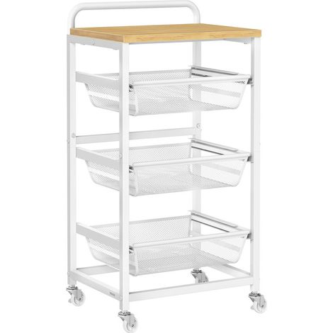 Chariot de Rangement à 4 Niveaux, avec Paniers Extractibles, Étagère de Cuisine avec roulettes, avec Poignée, 31,7 x 40 x 76 cm, Doré Chêne et Blanc Mat
