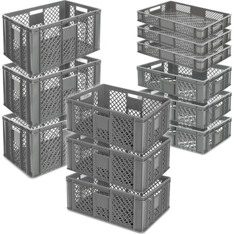 BRB 12x Stapelkorb / Bäckerkisten in 4 Größen, Grundmaß LxB 600x400 mm, H 90 mm, 150 mm, 240 mm, 320 mm, Farbe grau