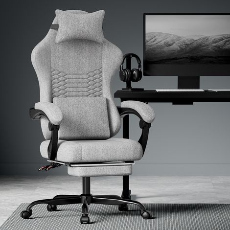AMXCNOY Fauteuil gaming tissu chaise de bureau, fauteuil gaming avec massage et appuie-tête, fauteuil gaming ergonomique style course avec repose-pieds (gris clair)