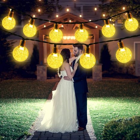 Guirlande Lumineuse Solaire, 60 Boules Cristal LED avec Télécommande, Alimentation Solaire/USB, Guirlande Lumineuse Extérieur pour Jardin, Décoration Intérieure et Extérieure (Blanc Chaud)