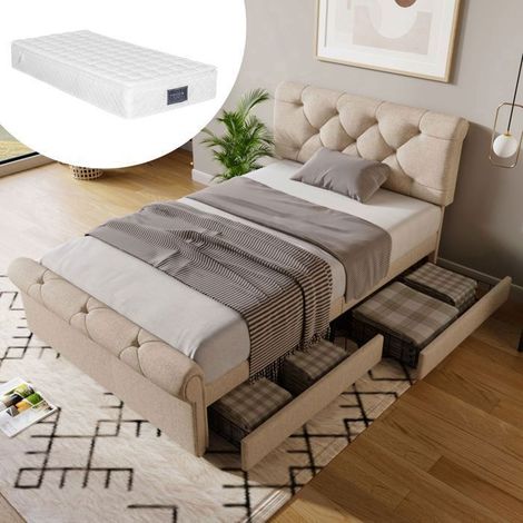 Lit rembourré 90x200 - SOGEU - Chesterfield - 2 tiroirs - Tête de lit réglable - Matelas inclus (1/5)