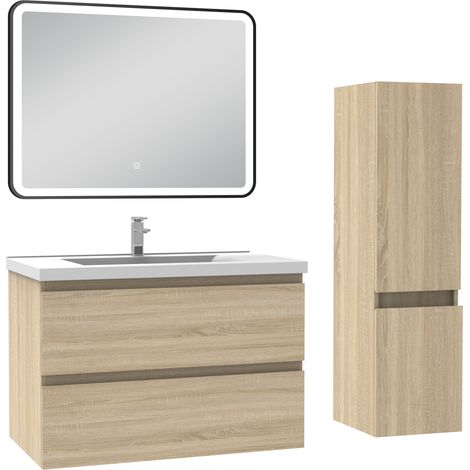 Ocean Meuble salle de Bain 80cm simple vasque avec colonne + miroir 3 couleurs Chêne Wotan